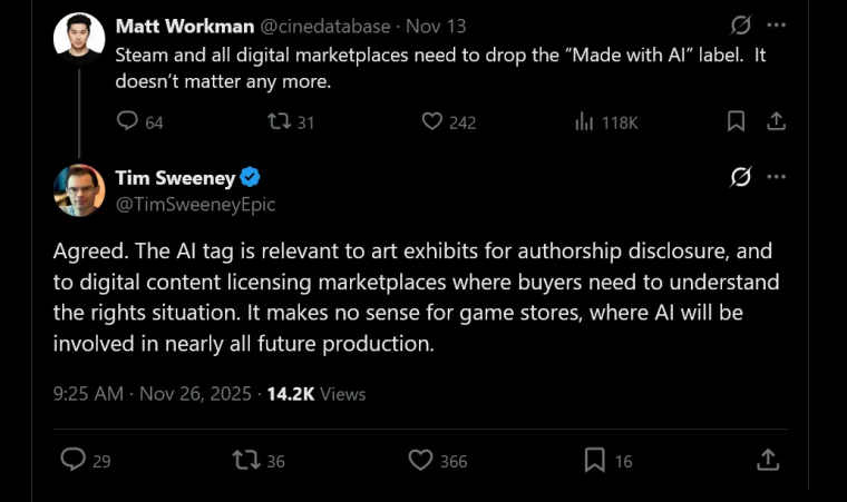 Глава Epic Games против маркировки ИИ в играх: "Это бессмысленно для игровых магазинов"
