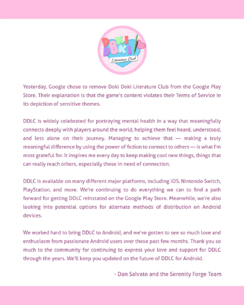 Doki Doki Literature Club внезапно удалили из Google Play Store